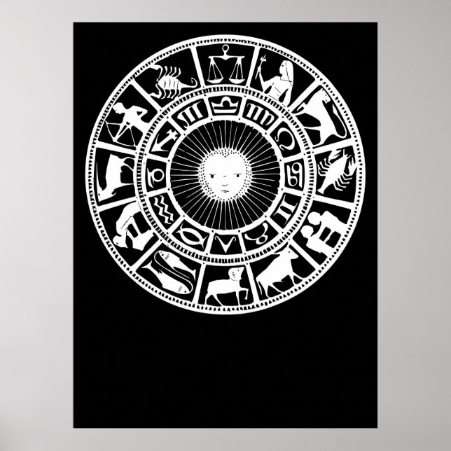 Poster Roda Zodiac com Símbolos Sun e Astrologia (Frente)