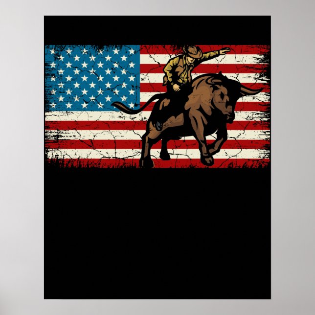Poster Rodeo Bull Rider Patriota Americana Flag Cowboys (Frente)