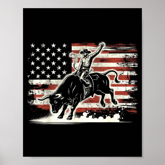 Poster Rodeo Rider Bull Patriotic Cowboy Usa Flag  (Frente)
