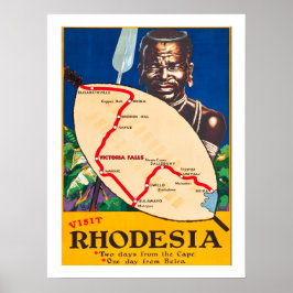 Poster Rodésia, guerreiro tradicional com mapa no escudo