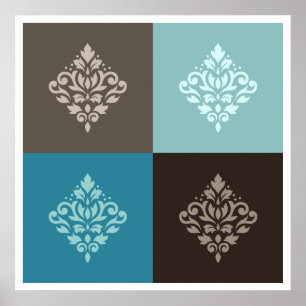 Poster Rolar Cor damasco Quadrados Teals Procura Branco