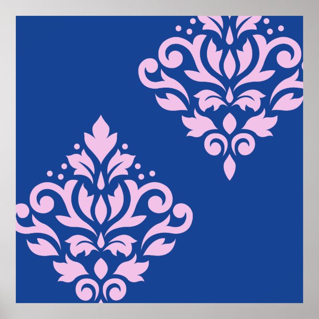 Poster Rolar Damask Art I Rosa em Azul (Frente)