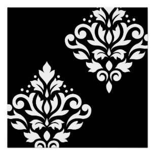 Pôster Rolar Damask Art Ib White em Preto
