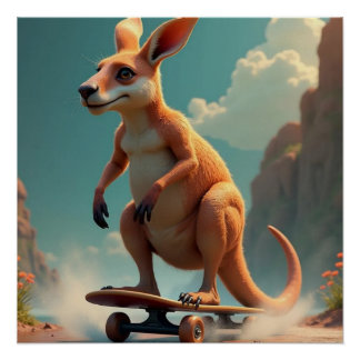 Pôster Roller Skating Kangaroo Glossy Poster
