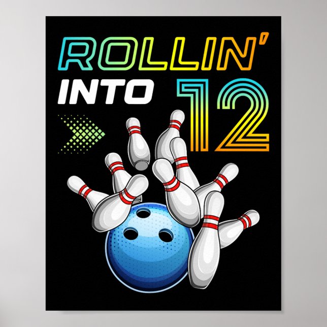 Poster Rollin Into 12 Retro Bowling Birthday Party 12th B (Frente)
