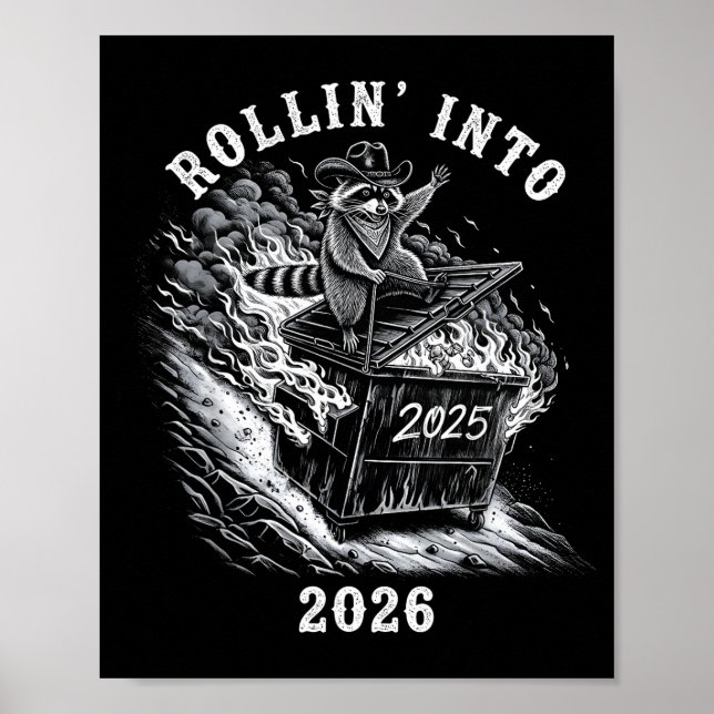 Poster Rollin' Into 2026 Funny Cowboy Raccoon Happy New Y (Frente)