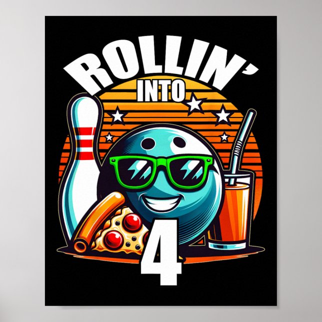 Poster Rollin Into 4 Bowling Birthday Party 4th Birthday  (Frente)