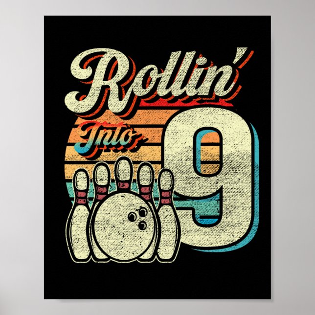 Poster Rollin Into 9 Bowling Birthday Party 9th Birthday  (Frente)