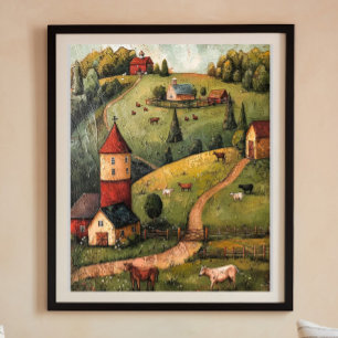 Poster Rolling Hill Fazenda House Folk Art Pintura