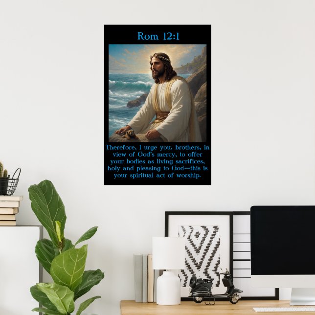 Poster Rom 12:1 Jesus perto do calmo oceano (Escritório em casa)