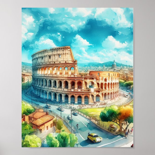 Poster Roma Colosseum Itália Watercolor Art (Frente)