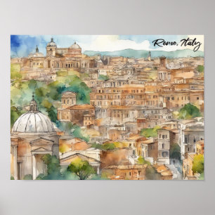 Poster Roma Itália Pintura Aquarela Vista Panorâmica