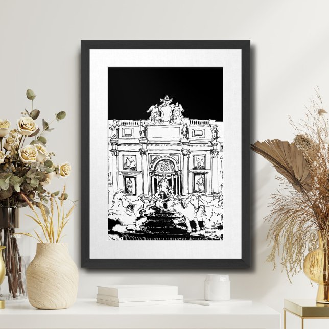 Poster Roma Trevi Fountain Black White Viagem Art Impress (Rome Trevi Fountain Black White Travel Art Print)