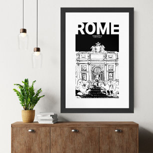 Poster Roma Trevi Fountain Black White Viagem Sketch