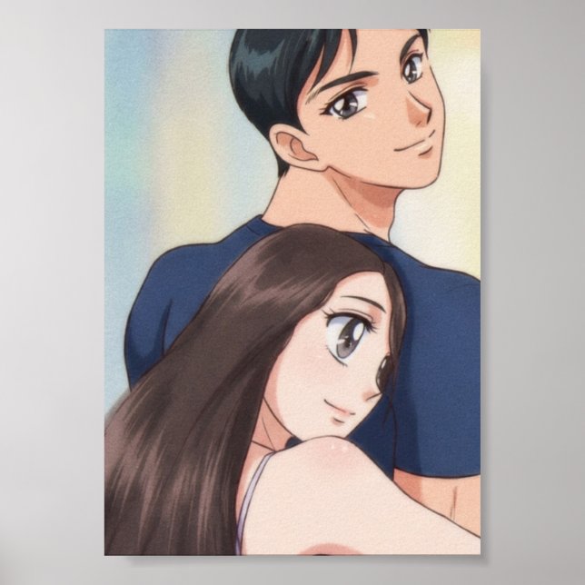Poster Romance de Anime Retrô: Abraço Suave (Frente)