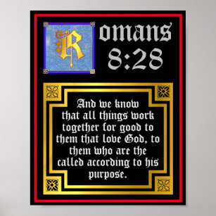 Poster Romanos 8 28 Letra iluminada Verso de Bíblia KJV