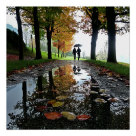 Pôster Romantic Couple Rain Autumn Glossy Poster