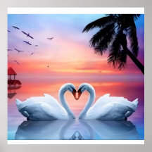 Romantic Heart Swans Tropical Sunset Paradise