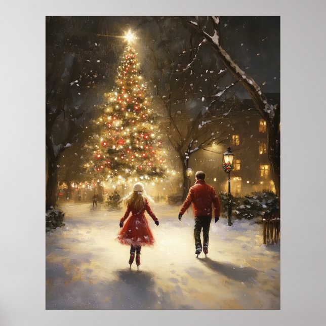 Poster Romantic Ice Skating Couple Christmas Wall Art (Frente)