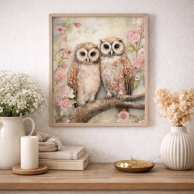 Poster Romantic Owl Pair Floral Nature Cottage  (Cottagecore owl pair and pink floral-vintage wall art )