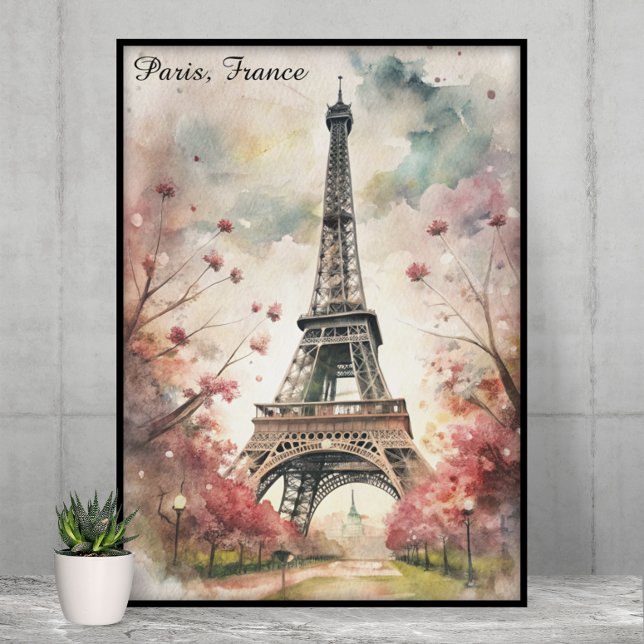 Poster Romantic Paris Eiffel Tower Watercolor Floral (Romantic Paris Eiffel Tower Watercolor Floral Poster)