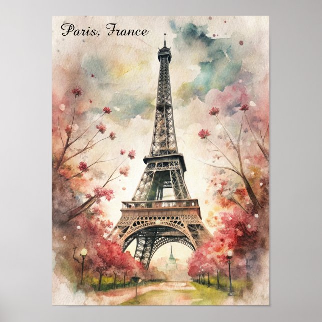 Poster Romantic Paris Eiffel Tower Watercolor Floral (Frente)