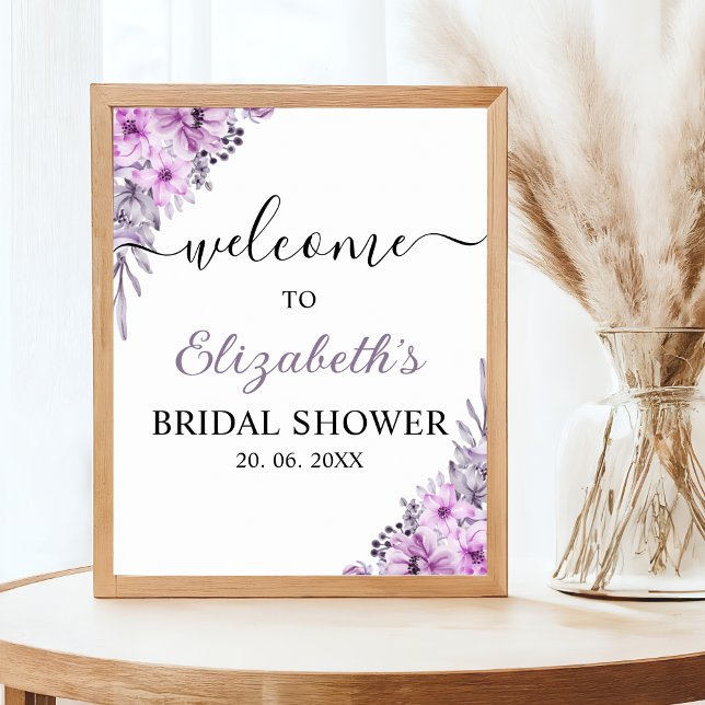 Poster Romantic Purple Flowers Bridal Shower Party (Criador carregado)