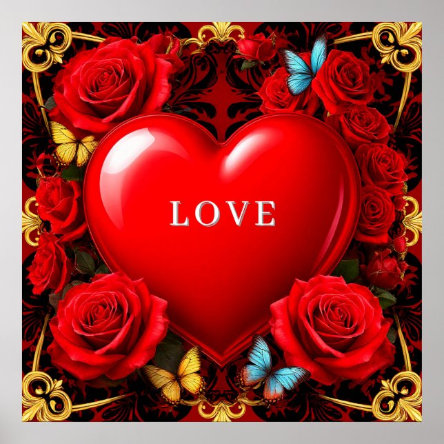 Poster Romantic Red Heart Framed by Roses and Butterflies (Frente)