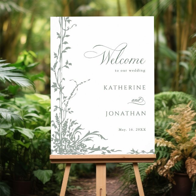 Poster Romantic Sage Green Floral Garden Wedding Welcome  (Criador carregado)