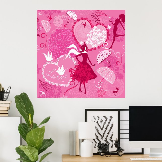 Poster Romântica Amor Silhouette Padrão Corações Rosa (Criador carregado)