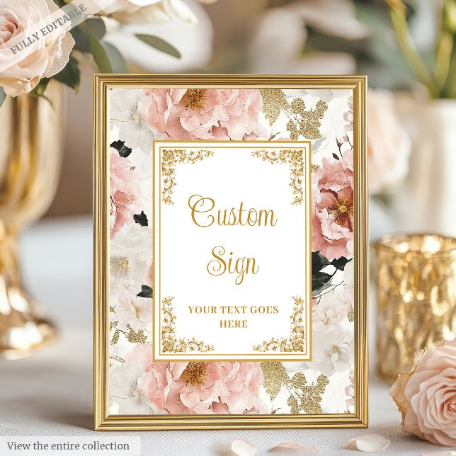 Poster Romântica, cor-de-rosa, flores douradas, símbolo 8 (Romantic dusty pink flowers gold wedding 8x10 sign)