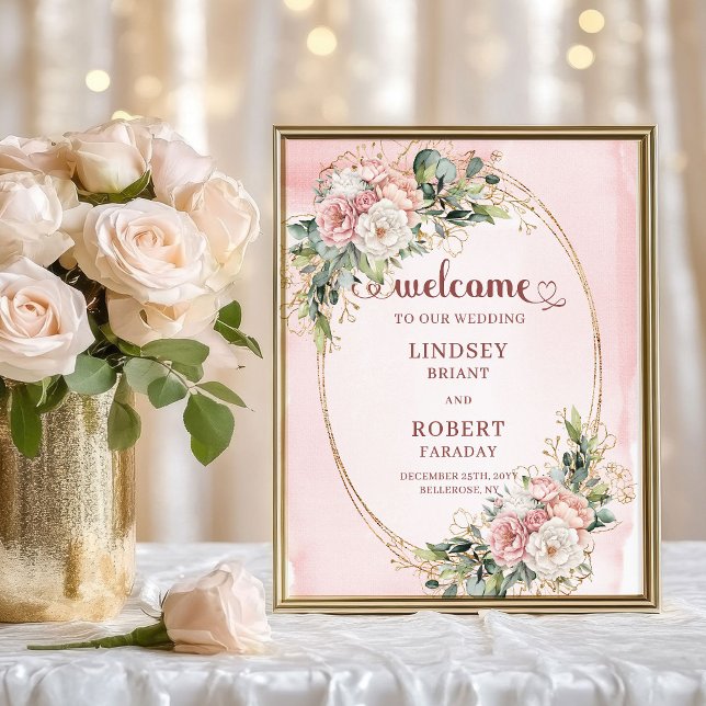 Poster Romântica Rosa Dourada Flores Folhagem Bem-Vindo C (Romantic Rose Gold Flowers Greenery Wedding Welcome)