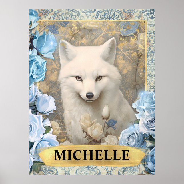 Poster Romântica Rosas Azuis e Fantasia da Raposa Branca (Frente)