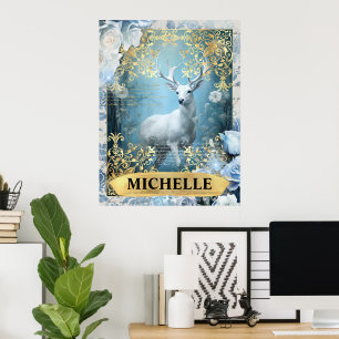 Poster Romântica Rosas Azuis e Fantasia de Deer