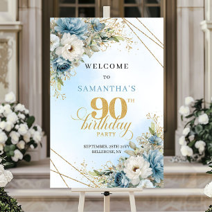 Poster Romântico boho azul flores douradas moldura 90 ano