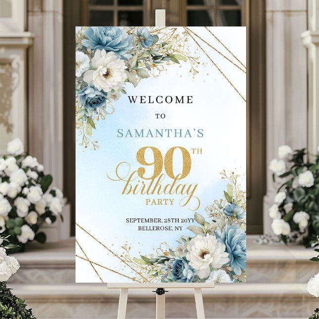 Poster Romântico boho azul flores douradas moldura 90 ano (Romantic boho blue florals gold frame 90th birthday

)