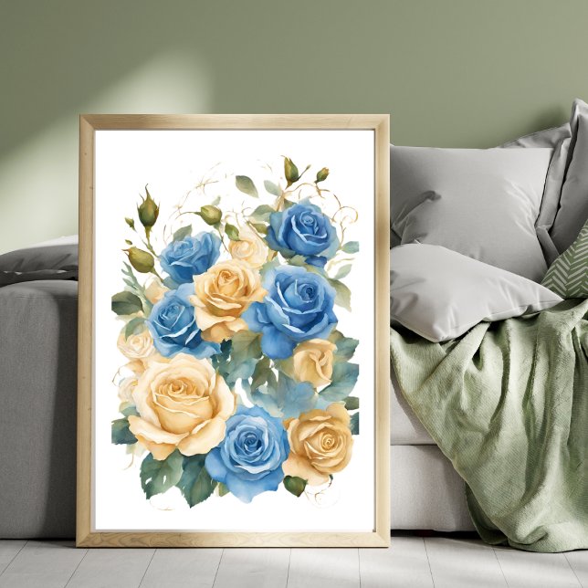Pôster Romântico de Rosas Douradas e Azuis em Aqua (Gold and Blue Roses Romantic Watercolor Poster)