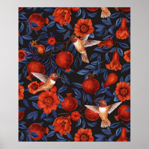 Poster Romãs e beija-flores/folhas verdes em preto