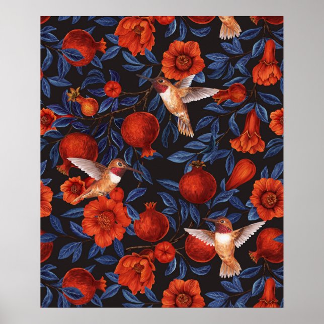 Poster Romãs e beija-flores/folhas verdes em preto (Frente)