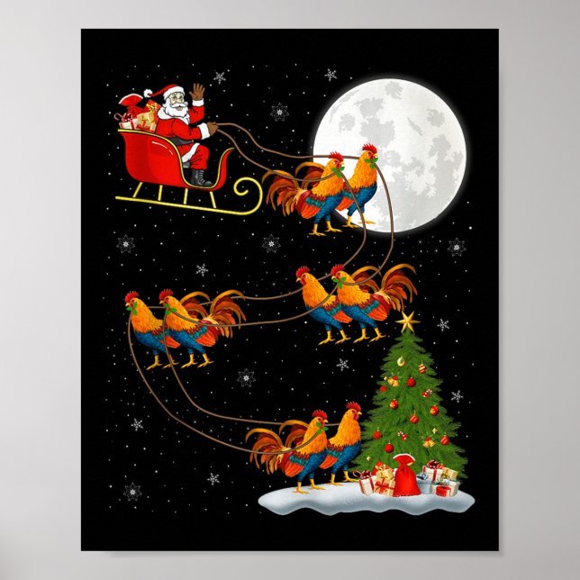 Poster Rooster Chickens Santa Sleigh Flying Funny Magical (Frente)