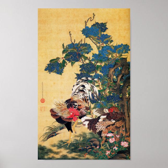 Poster Rooster e Hen com Hydrangeas por Ito Jakuchu (Frente)