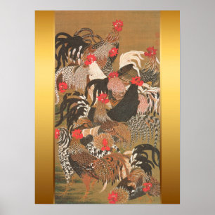 Pôster Roosters Japonês Pintura com Fundo de Ouro