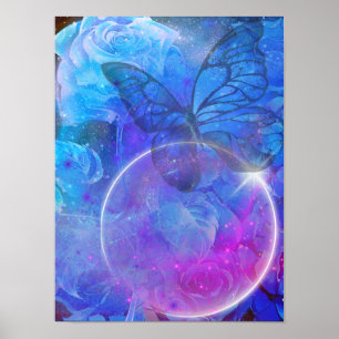 Poster Rosa azul e borboleta azul