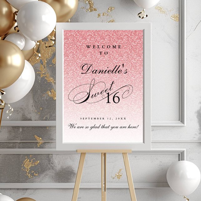 Poster Rosa claro Glitter Sweet 16 Personalizado Bem-Vind (Criador carregado)