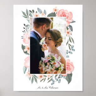 Poster Rosa Corado Aquarela Floral Rosa & Verde Sálvia