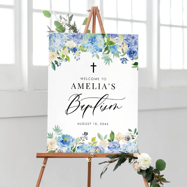 Poster Rosa de Aquarela Azul e Hydrangea Baptism (Criador carregado)