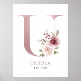 Poster Rosa de Aquarela com Letra U Monograma