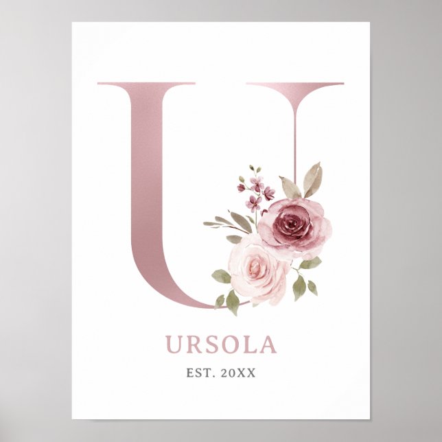 Poster Rosa de Aquarela com Letra U Monograma (Frente)