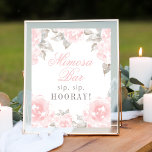 Poster Rosa de Aquarela Rosa Bar Mimosa<br><div class="desc">Sinal de poster Bar de casamento Elegante Mimosa. O design apresenta o texto "sip,  sip,  hooray!" da cinza de pântano e pântano,  enquadrado por uma borda de rosas cor-de-rosa macia com folhas verdes / cinzas. Flores têm uma bela aparência pintada de aquarela.</div>
