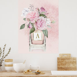 Poster Rosa de Flores Monograma de Garrafas de Perfume El